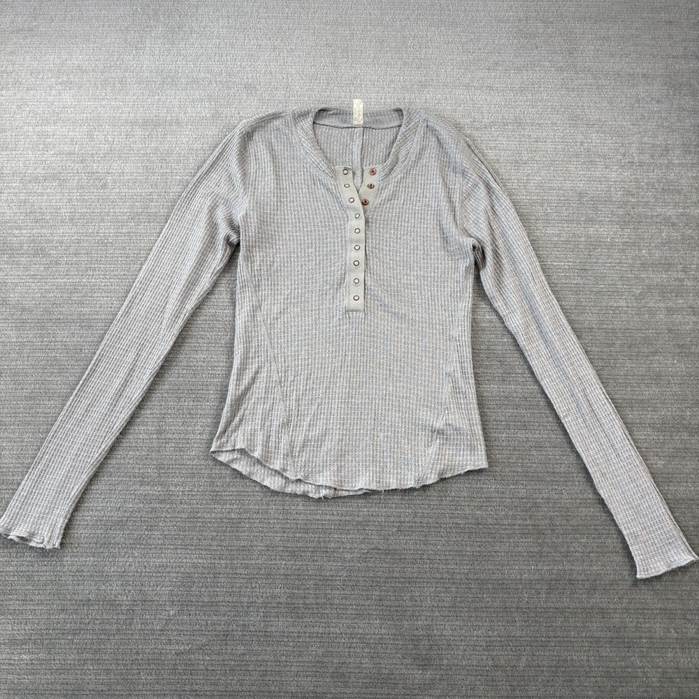 Free People Thermal Waffle Knit Henley Shirt Womens S Gray Stretch Casual